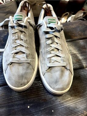 Puma Light Gray Suede Low-Top Sneakers with Green Logo